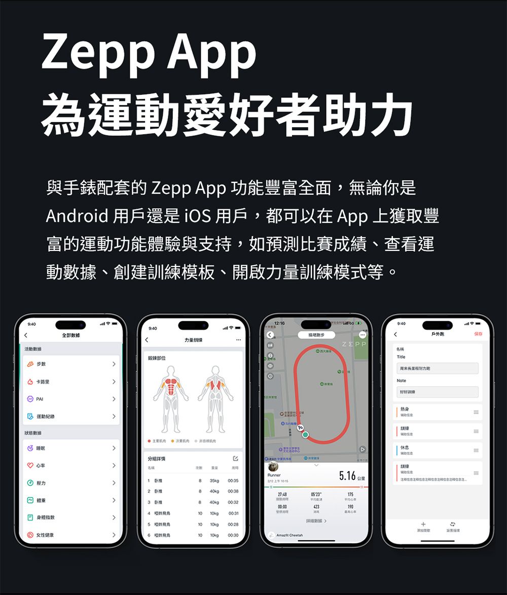 為運動愛好者助與手錶配套 Zepp  功豐富全面,無論你是ndroid 用戶還是  用戶,都可以在 App 上獲取豐富的運動功能體驗與支持,如預測比賽成績、查看運動、創建模板、開啟訓練模式等。9:0全部力量活動A 卡路里 運動數據睡眠能部位12:1跑步9:40戶外跑保存ZEPP名稱Runner   5.16 公里 壓力  05231758  00:004231904 的 指數數據 kg 0028 女性健康6 10 10kg  周末力Note好好休息訓練+