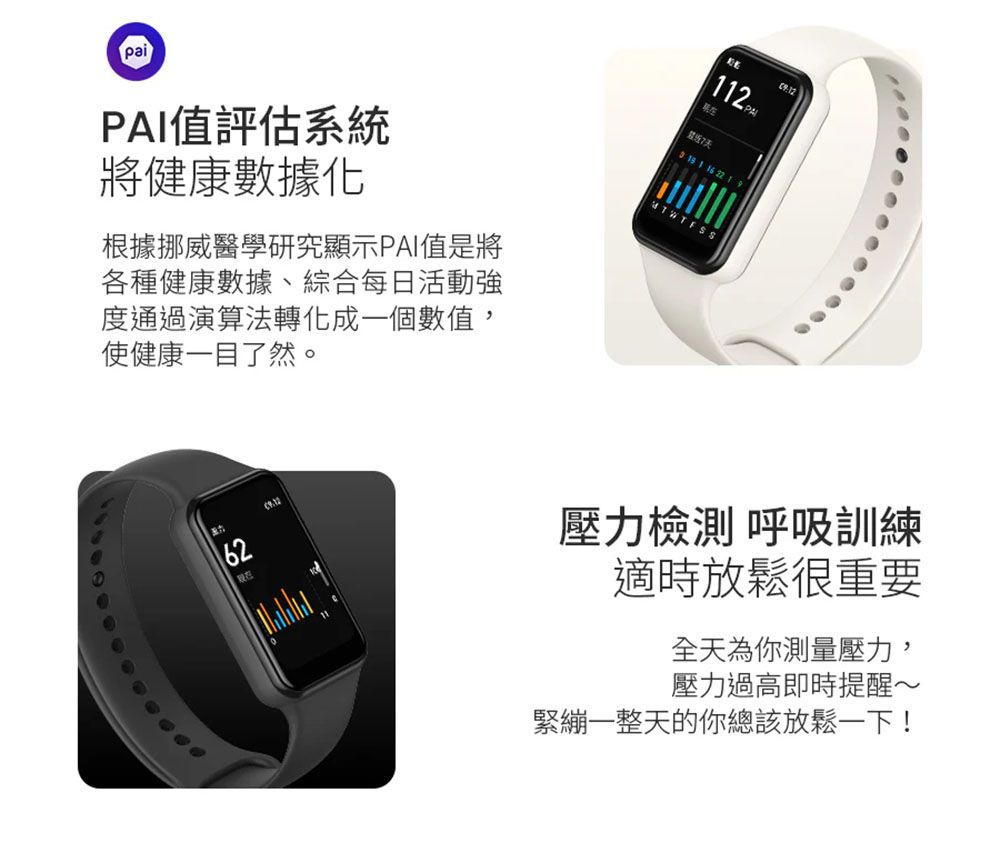 paiI值評估系統將健康數據化根據挪威醫學研究顯示PAI值是將各種健康數據、綜合每日活動強度通過演算法轉化成一個數值,使健康一目了然。62112 PA  22 壓力檢測 呼吸訓練適時放鬆很重要全天為你測量壓力,壓力過高即時提醒~緊繃一整天的你總該放鬆一下!