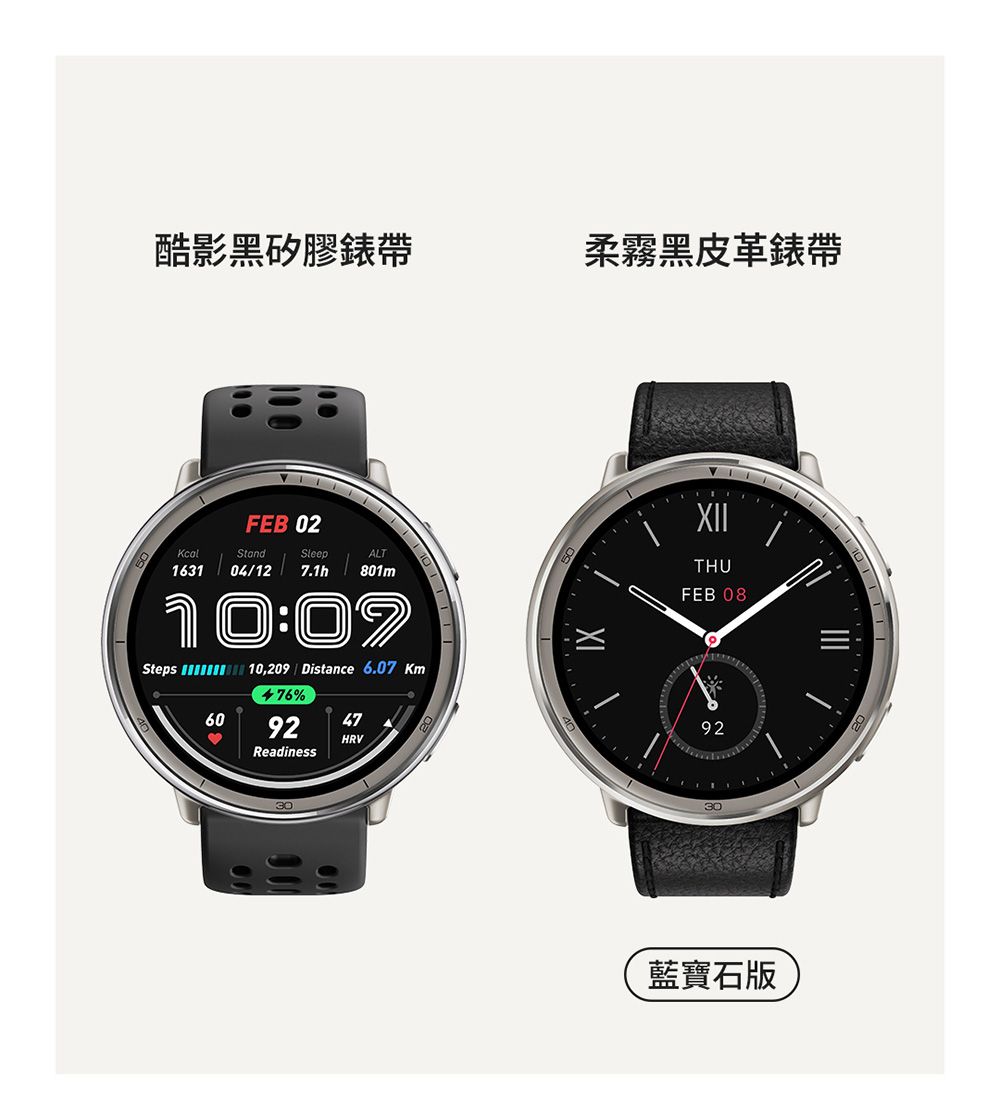酷影黑矽膠錶帶柔霧黑皮革錶帶FEB 021631StandSleepALT04/12 7.1h801m10:07Steps 60 10,209 | Distance 6.07 Km476%92HRV47ReadinessFEB 0892藍寶石版