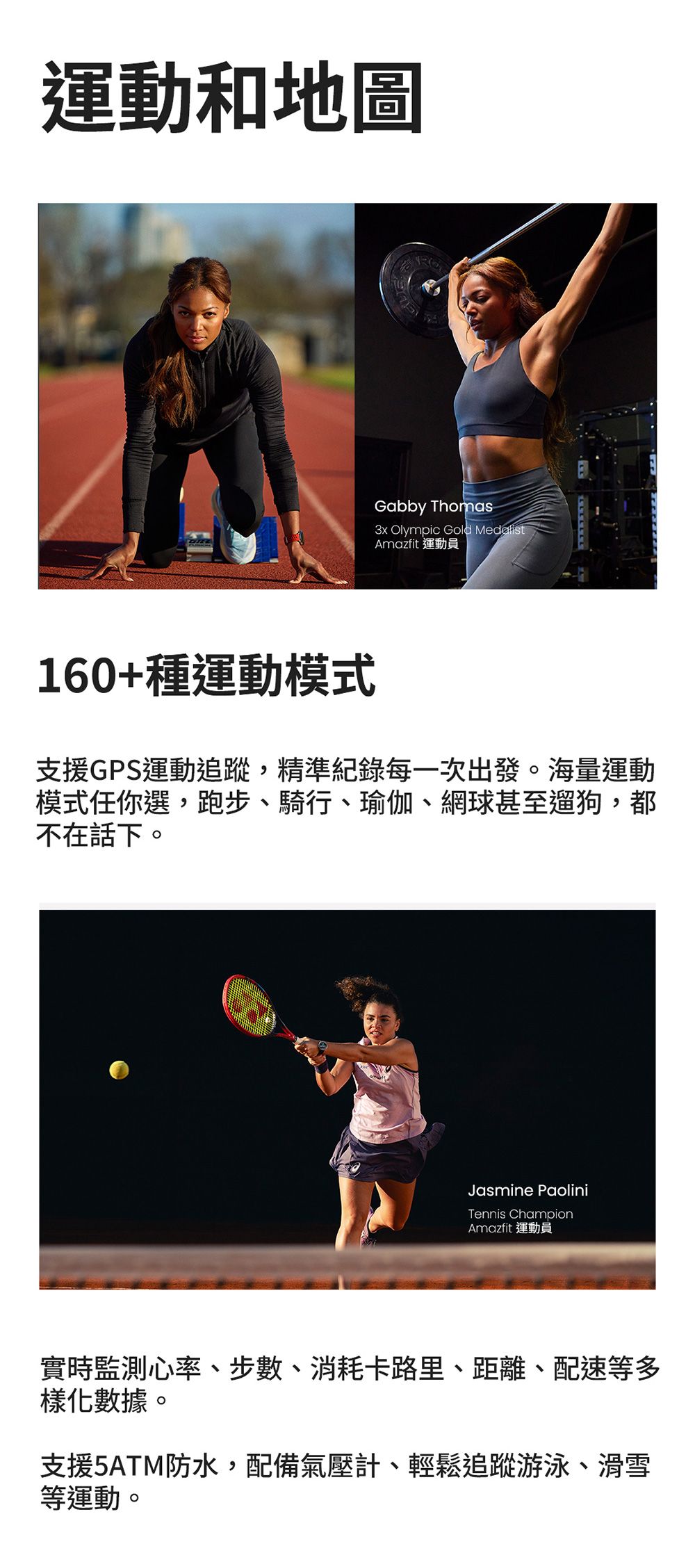 運動和地圖Gabby Thomas3x Olympic Gold Amazfit 運動員160+種運動模式支援GPS運動追蹤,精準紀錄每一次出發。海量運動模式任你選,跑步、騎行、瑜伽、網球甚至遛狗,都不在話下。Jasmine PaoliniTennis ChampionAmazfit 運動員實時監測心率、步數、消耗卡路里、距離、配速等多樣化數據。支援5ATM防水,配備氣壓計、輕鬆追蹤游泳、滑雪等運動。
