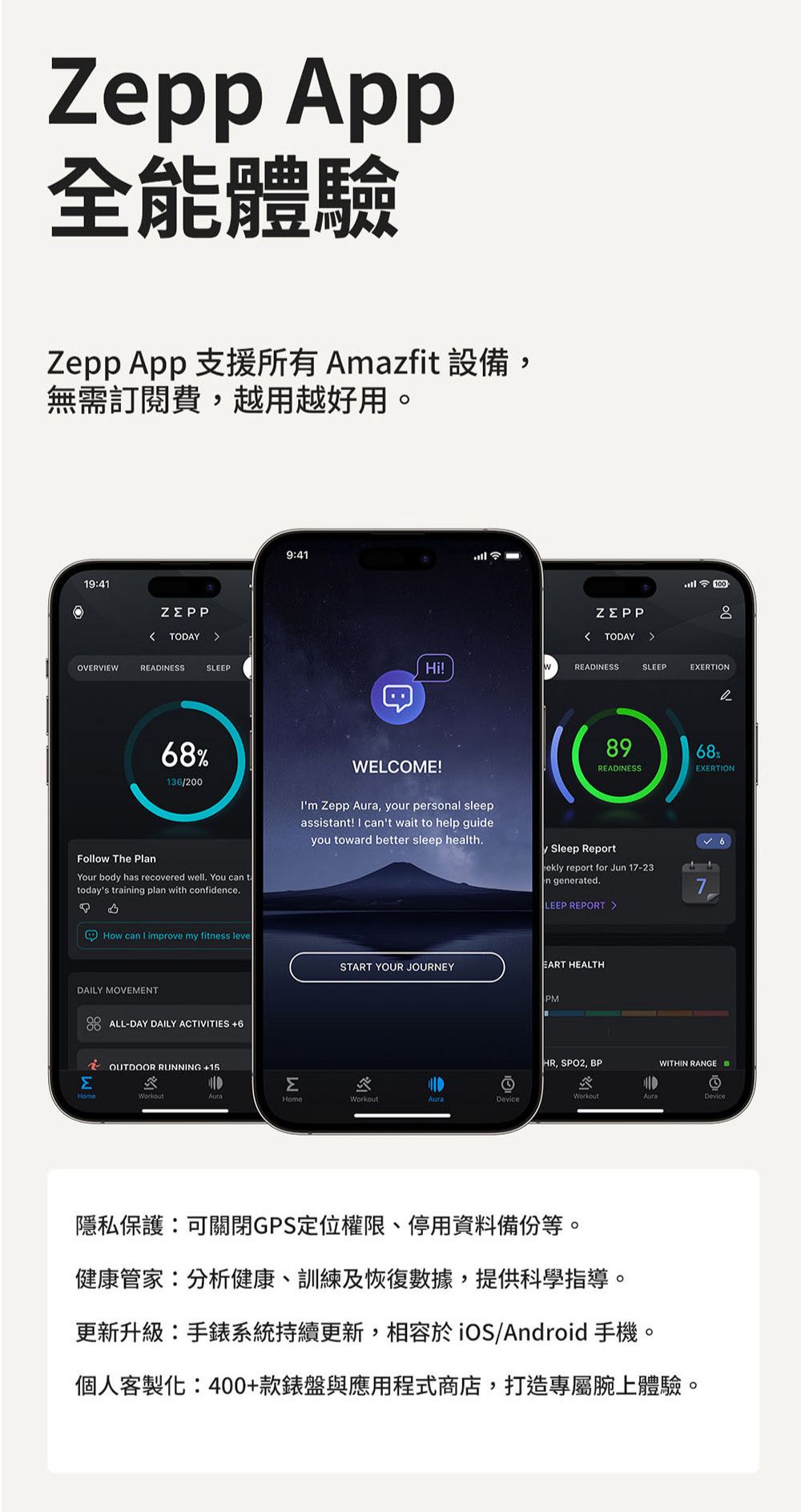 App全能體驗Zpp App 支援所有 Amazfit 設備,無需訂閱費,越用越好用。19:41 TODAY OVERVEREADNESSSLEEP68%136/200Follow The PlanYour body has recovered well You can ttodays training plan with confidence.How can I improve my fitness leveDAILY MOVEMENT ALL-DAY DAILY ACTIVITIES+63OUTDOOR RUNNING +15Home9:41M TODAY Hi!WREADINESSSLEEPWELCOME!Im Zepp , your personal sleepassistant! I cant wait to help guideyou toward better sleep health.100EXERTIONe89READINESS68%EXERTIONSleep Report report for Jun 17-23 generated.LEEP REPORT 67START YOUR JOURNEYEART HEALTHHomeWorkoutPMHR, SPO2, BPWITHIN RANGEWorkoutAuraDevice隱私保護:可關閉GPS定位權限、停用資料備份等。健康管家:分析健康、訓練及恢復數據,提供科學指導。更新升級:手錶系統持續更新,相容於iOS/Android 手機。個人客製化:400+款錶盤與應用程式商店,打造專屬腕上體驗。
