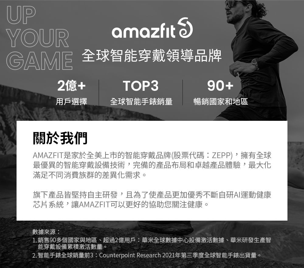 UPYOUR amazfitGAME 全球智能穿戴領導品牌2億+TOP390+用戶選擇全球智能手錶銷量 暢銷國家和地區關於我們AMAZFIT是家於全美上市的智能穿戴品牌(股票代碼:ZEPP),擁有全球最優異的智能穿戴設備技術,完備的產品布局和卓越產品體驗,最大化滿足不同消費族群的差異化需求。旗下產品皆堅持自主研發,且為了使產品更加優秀不斷自研AI運動健康芯片系統,讓AMAZFIT可以更好的協助您關注健康。數據來源:1. 銷售90多個國家與地區、超過2億用戶:華米全球數據中心設備激活數據、華米研發生產智能穿戴設備累積激活數量。2. 智能手錶全球銷量前3: Counterpoint Research 2021年第三季度全球智能手錶出貨量。