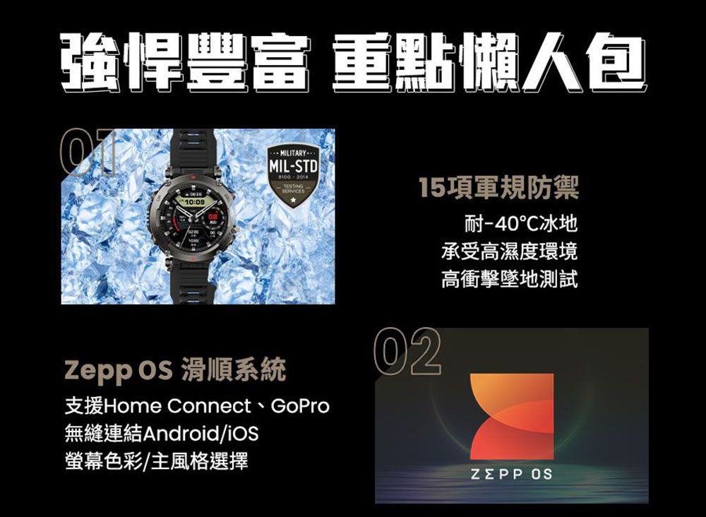 強悍豐富 重點懶人包MILITARYMIL-STDTESTING10:09滑順系統支援Home Connect、GoPro無縫連結Android/螢幕色彩/主風格選擇15項軍規防禦02耐-40℃冰地承受高濕度環境高衝擊墜地測試