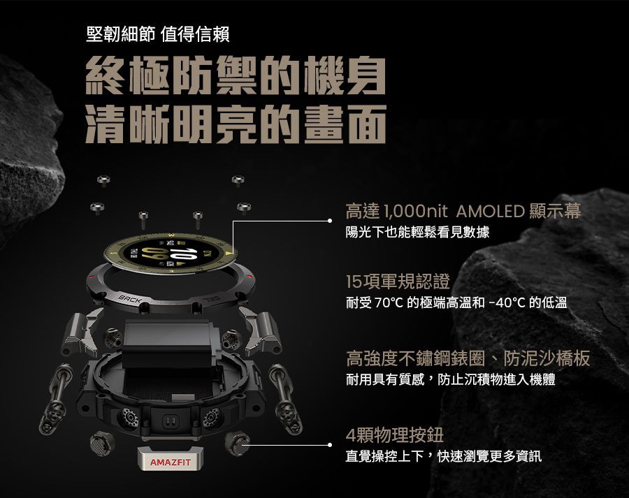 堅韌細節 值得信賴終極防禦的機身清晰明亮的畫面BACK高達1,000nit AMOLED 顯示幕陽光下也能輕鬆看見數據15項軍規認證耐受 70 的極端高溫和 -40℃ 的低溫高強度不鏽鋼錶圈、防泥沙橋板耐用具有質感,防止沉積物進入機體AMAZFIT4顆物理按鈕直覺操控上下,快速瀏覽更多資訊