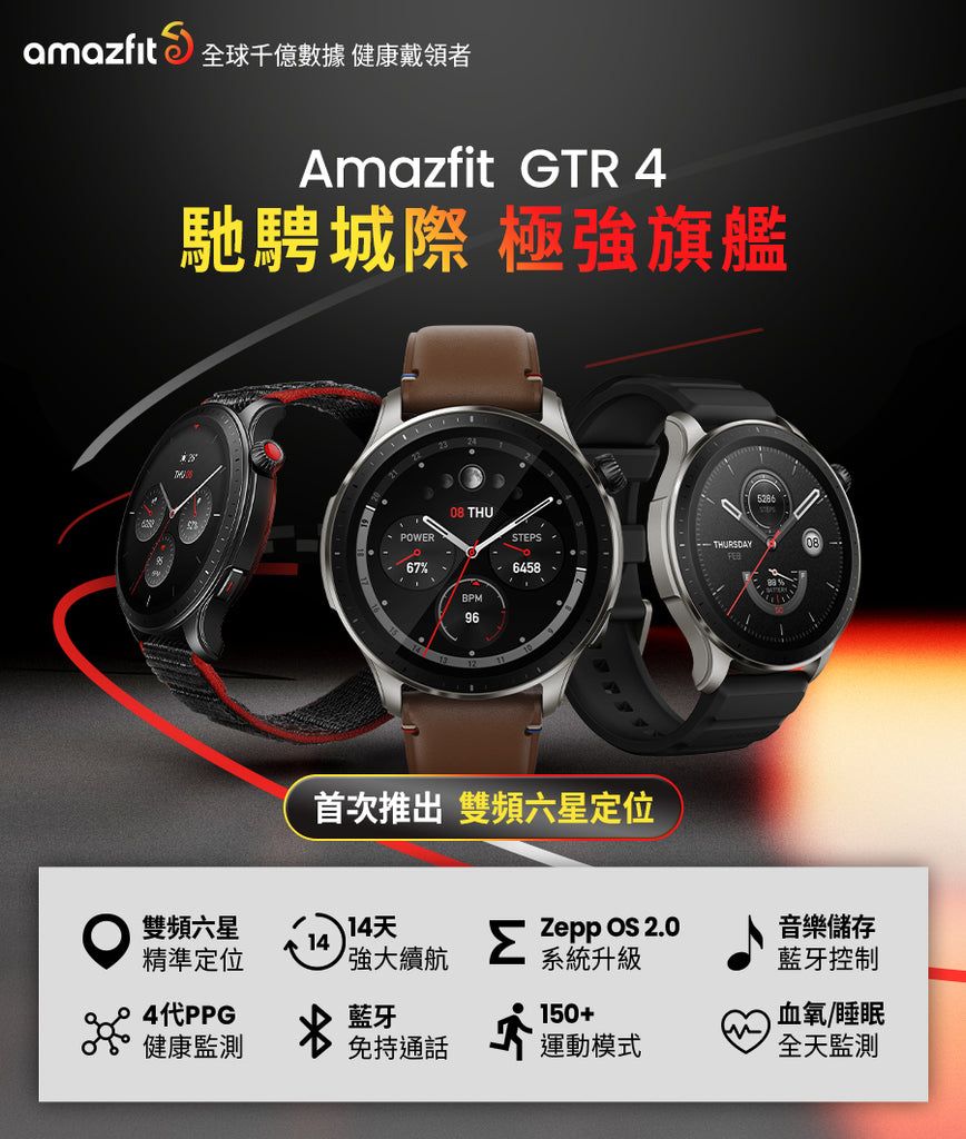 mazfit 全球千億數據 健康戴領者Amazfit GTR 4馳騁城際 極強旗艦POWER67% THUBPM96STEPSa6458首次推出 雙頻六星定位雙頻六星14天14精準定位強大續航ΣZepp  2.0系統升級音樂儲存藍牙控制藍牙150+血氧/睡眠健康監測免持通話運動模式全天監測