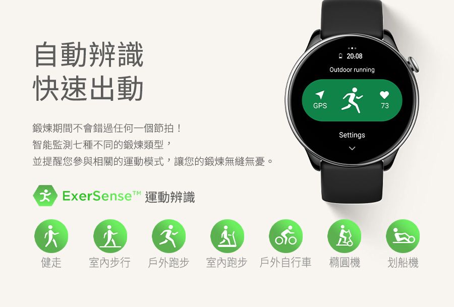 自動辨識快速出動 20:08Outdoor runningGPS73鍛煉期間不會錯過任何一個節拍!Settings智能監測七種不同的鍛煉類型,並提醒您參與相關的運動模式,讓您的鍛煉無縫無憂 ExerSense™ 運動辨識健走步行 戶外跑步 室內跑步 戶外自行車 橢圓機划船機