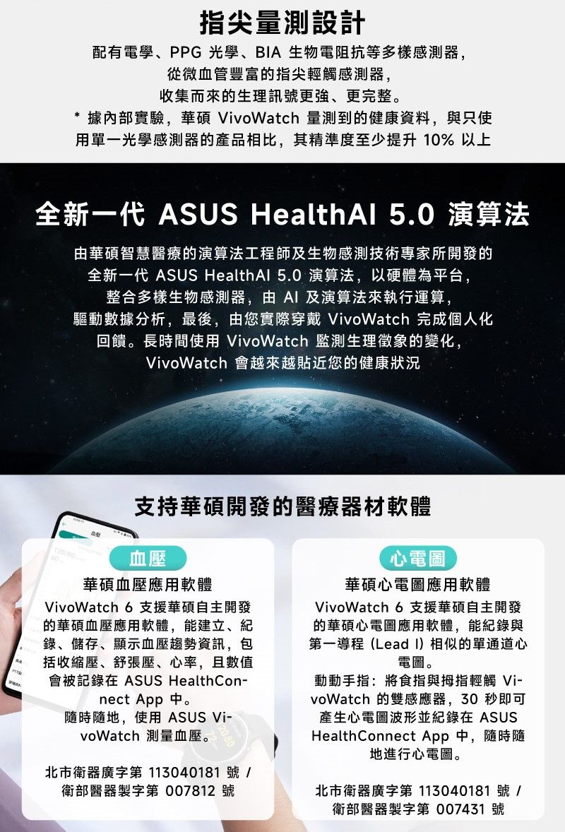 指尖量測設計配有電學、PPG 光學、BIA 生物電阻抗等多樣感測器,從微血管豐富指尖輕觸感測器,收集而來的生理訊號更強、更完整。據內部實驗,華碩 VivoWatch 量測到的健康資料,與只使用單一光學感測器的產品相比,其精準度至少提升 10% 以上全新一代 ASUS HealthAl 5.0 演算法由華碩智慧醫療的演算法工程師生物感測技術專家所開發的全新一代 ASUS HealthAl 5.0 演算法,以硬體為平台,整合多樣生物感測器,由及演算法來執行運算,驅動數據分析,最後,由您實際穿戴 VivoWatch 完成個人化回饋。長時間使用 VivoWatch 監測生理徵象的變化,VivoWatch 會越來越貼近您的健康狀況支持華碩開發的醫療器材軟體血壓華碩血壓應用軟體VivoWatch 6 支援華碩自主開發的華碩血壓應用軟體,能建立、紀錄、儲存、顯示血壓趨勢資訊,包括收縮壓、舒張壓、心率,且數值會被記錄在 ASUS HealthCon-nect App中。隨時隨地,使用 ASUS Vi-voWatch 測量血壓。北市衛器廣字第113040181號/衛部醫器製字第 007812 號心電圖華碩心電圖應用軟體VivoWatch 6 支援華碩自主開發的華碩心電圖應用軟體,能紀錄與第一程(Lead I)相似的單通道心電圖。動動手指:將食指與拇指輕觸 Vi-voWatch 的雙感應器,30秒即可產生心電圖波形並紀錄在 ASUSHealthConnect App 中,隨時隨地進行心電圖。北市衛器廣字第 113040181號/衛部醫器製字第 007431 號