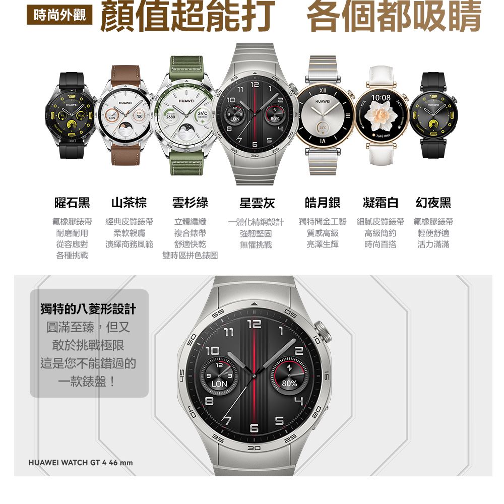 時尚外觀 值超能打 各個都吸睛2680HUAWEI12HUAWEI:08 曜石黑山茶棕雲杉綠星雲灰氟橡膠耐磨耐用經典皮質錶帶柔軟親膚從容應對 演繹商務風範各種挑戰立體編織複合錶帶舒適快乾一體化精鋼設計強韌堅固無懼挑戰皓月銀獨特間金工藝質感高級亮澤生輝凝霜白細膩皮質錶帶高級簡約時尚百搭幻夜黑氟橡膠錶帶輕便舒適活力滿滿雙時區拼色錶圈獨特的八菱形設計圓滿至臻,但又敢於挑戰極限這是您不能錯過的一款錶盤!HUAWEI WATCH GT 46mm1210124LON80%3025