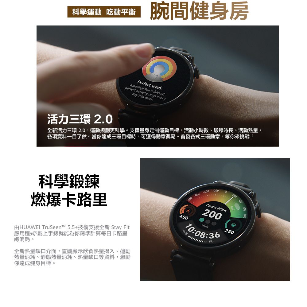 科學運動吃動平衡腕間健身房Pefect weekAmazing! You achievedperfect activity rrings everyday this week.活力三環 2.0全新活力三環 2.0,運動規劃更科學。支援量身定制運動目標,活動小時數、鍛鍊時長、活動熱量,各項資料一目了然。當你達成三環目標時,可獲得勳章獎勵。首發各式三環勳章,等你來挑戰!科學鍛鍊燃爆卡路里由HUAWEI TruSeen™5.5+技術支援全新 Stay Fit應用程式戴上手錶就能為你精準計算每日卡路里總消耗。全新熱量缺口介面,直觀顯示飲食熱量攝入、運動熱量消耗、靜態熱量消耗、熱量缺口等資料,激勵你達成健身目標。-200alorie deficit200Meals10:08:3645010/18C250