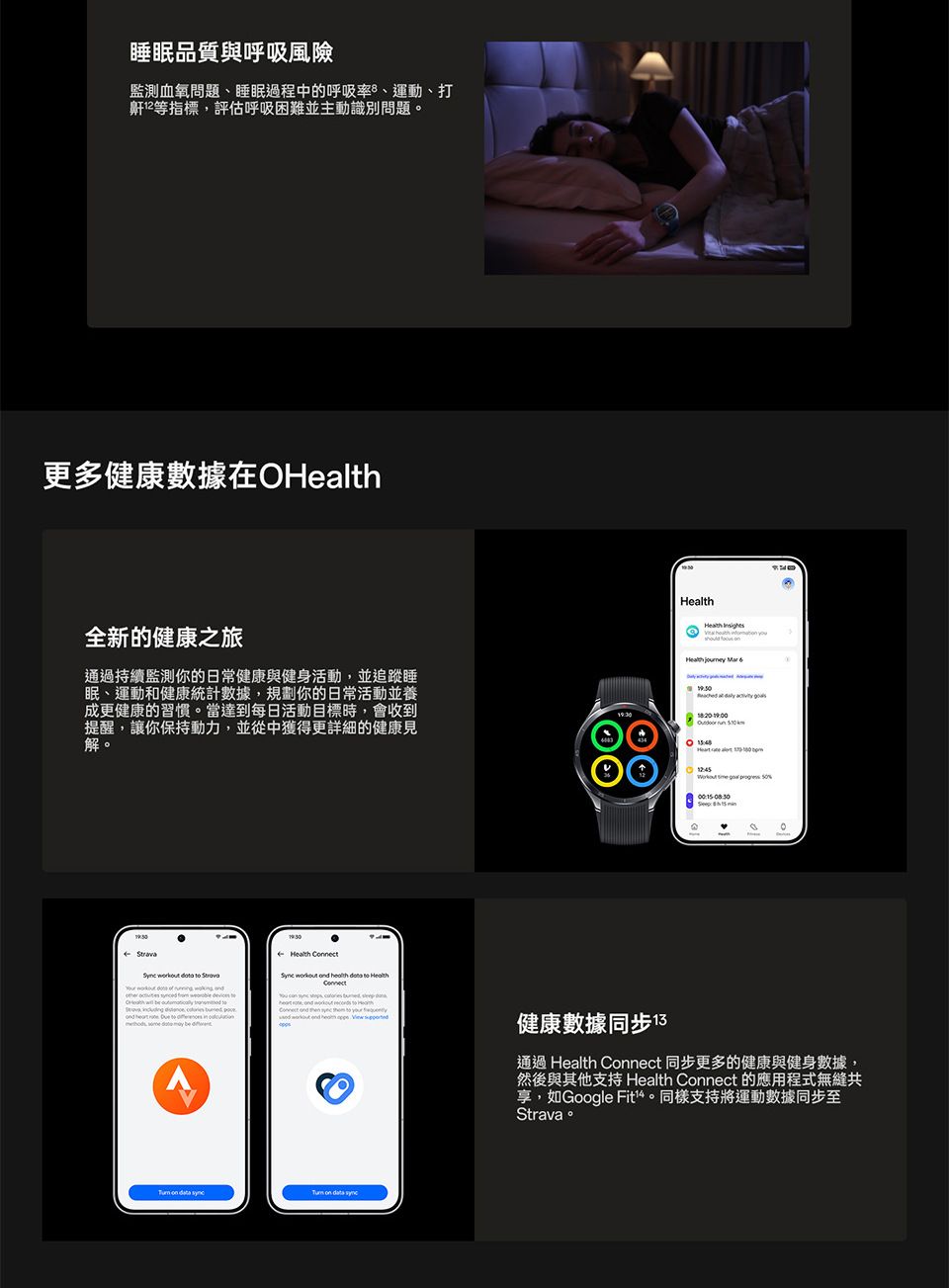 睡眠品質與呼吸風險監測血氧問題睡眠過程中的呼吸、運動、打鼾指標,評估呼吸困難並主動識別問題更多健康數據在 全新的健康之旅通過持續監測你的日常健康與健身活動,並追蹤睡眠、運動和健康統計數據,規劃你的日常活動並養成更健康的習慣當達到每日活動目標時,會收到提醒,讓你保持動力,並從中獲得更詳細的健康見解。Health    O   。                       Health      Health     Cnect     to  健康數據同步 通過 Health Cnect 同步更多的健康與健身數據,然後與其他支持 Health Connect 的應用程式無縫共享,如Google 。支持將運動數據同步至Strava。 on   on
