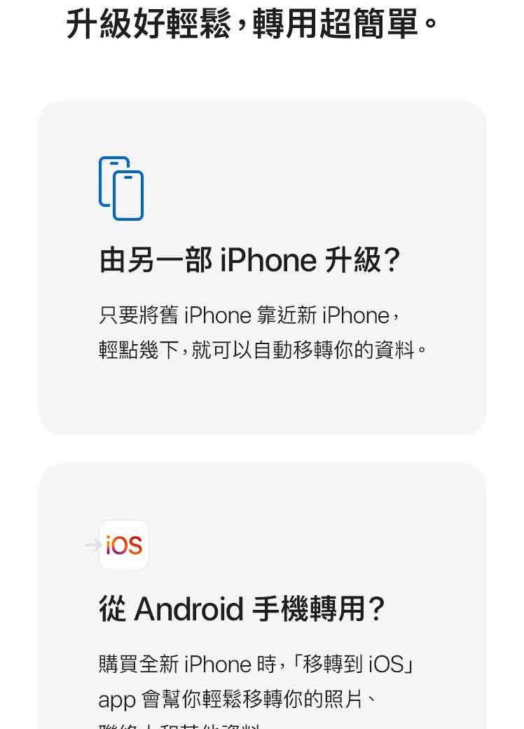 升級好輕鬆,轉用超簡單。由另一部 iPhone 升級?只要將 iPhone 靠近新iPhone,輕點幾下,就可以自動移轉你的資料。從 Android 手機轉用?購買全新 iPhone 時,「移轉到 iOS」app 會幫你輕鬆移轉你的照片、