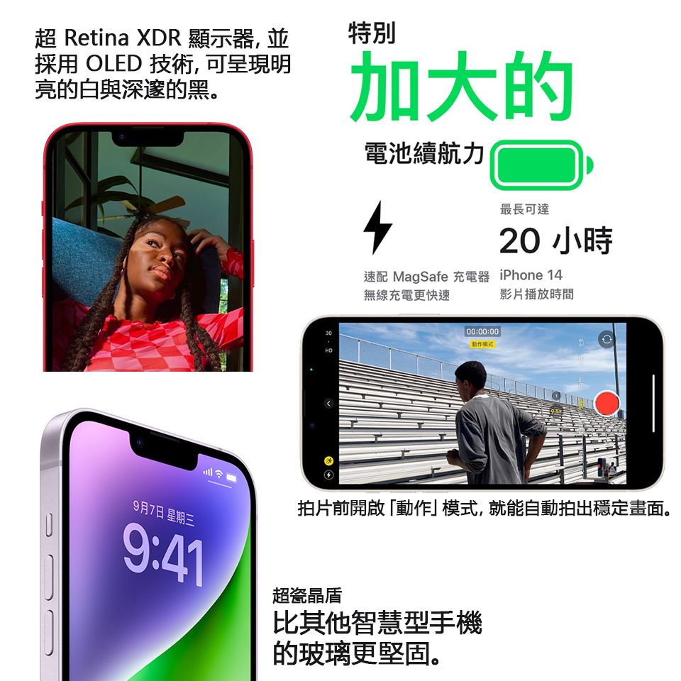 超 Retina XDR 顯示器, 並採用 OLED 技術,可呈現明亮的白與深邃的黑。特別加大的電池續航力最長可達20 小時速配 MagSafe 充電器 iPhone 14無線充電更快速影片播放時間00:00:00動作模式拍片前開啟「動作」模式,就能自動拍出穩定畫面。9月7日 星期三9:41超瓷晶盾比其他智慧型手機的玻璃更堅固。