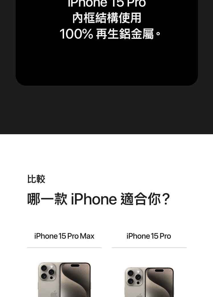 框結構使用100% 再生鋁金屬。比較哪一款 iPhone 適合你?iPhone 15 Pro MaxiPhone 15 Pro