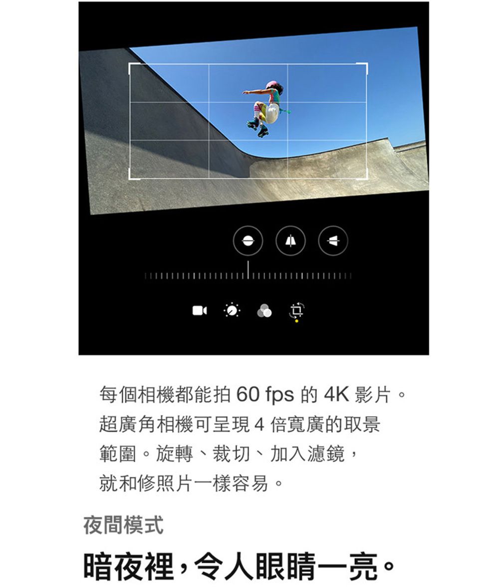 每個相機都能拍 60fps 的4K影片。超廣角相機可呈現4倍寬廣的取景範圍。旋轉、裁切、加入濾鏡,就和修照片一樣容易。夜間模式暗夜裡,令人眼睛一亮。