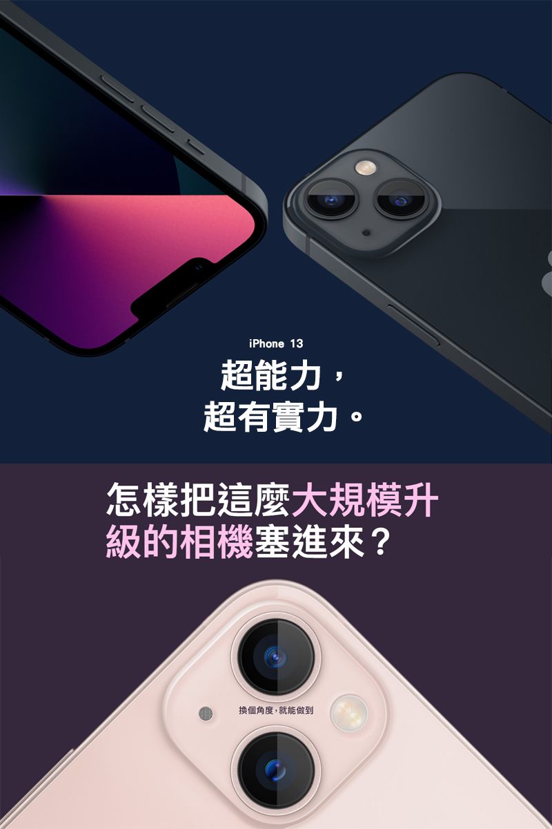 iPhone 13超能力,超有實力。怎樣把這麼大規模升級的相機塞進來?換個角度,就能做到