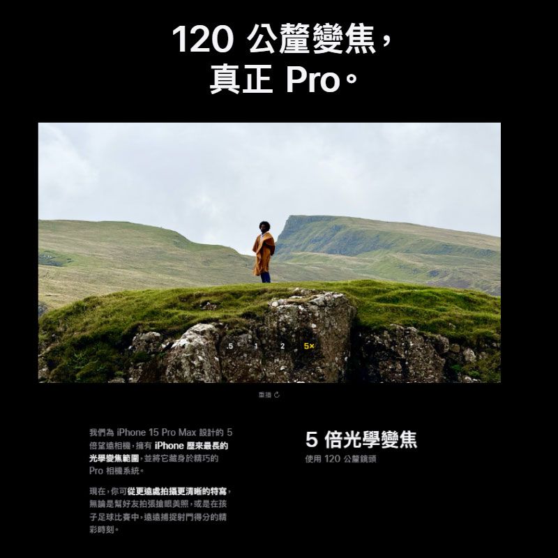 120公釐變焦真正 Pro5x我們為 iPhone 15 Pro Max 設計的 5倍望遠相機擁有 iPhone 歷來最長的光學變焦範圍,並將它藏身於精巧的Pro 相機系統現在,你可從更遠處拍攝更清晰的特寫,無論是幫好友拍張搶眼美照,或是在孩子足球比賽中,捕捉射門得分的精彩時刻。5倍光學變焦使用 120 公釐鏡頭