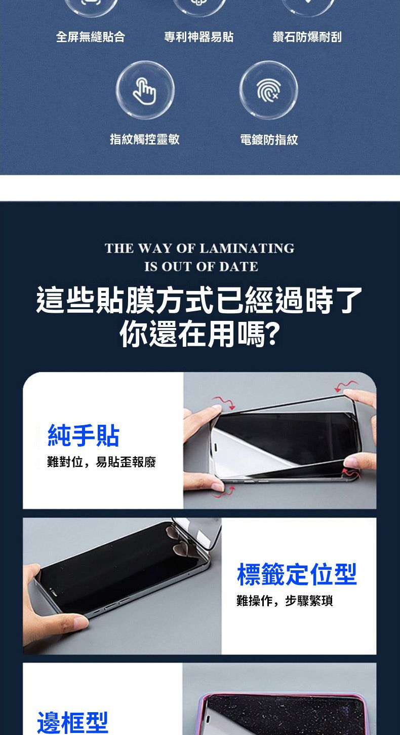 全屏無縫貼合專利神器易貼鑽石防爆耐刮指紋觸控靈敏電鍍防指紋THE WAY OF LAMINATINGIS OUT OF DATE這些貼膜方式已經過時了你還在用嗎?純手貼難對位,易貼歪報廢邊框型標籤定位型難操作,步驟繁瑣