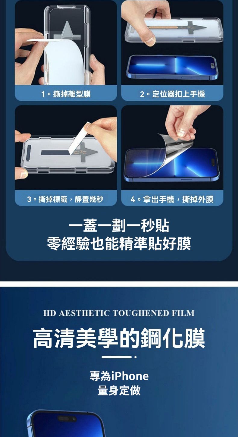 1  撕掉離型膜2。定位器扣上手機3。撕掉標籤,靜置幾秒4。拿出手機,撕掉外膜一蓋一劃一秒零經驗也能精準貼好膜HD AESTHETIC TOUGHENED FILM高清美學的鋼化膜專為iPhone量身定做
