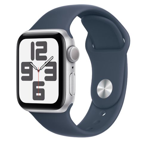 ★福利品出清★Apple Watch SE (GPS) 40mm 銀色鋁金屬錶殼；風暴藍色運動型錶帶 S/M