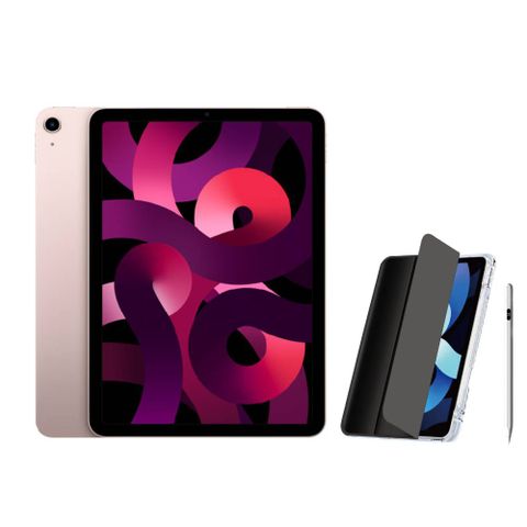 2022 Apple iPad Air 5 10.9吋 64G WiFi 粉紅色+電量顯示磁力吸附觸控筆+三折休眠防摔殼+高透光滿版保護貼