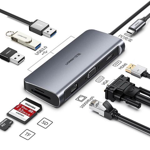 【綠聯】 Type-C集線器 旗艦款HDMI 4K/VGA/USB3.0/SD/TF/PD/GigaLAN網路卡 九合一 升級版 蘋果風設計 -40873