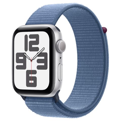 Apple Watch SE (GPS) 44mm 銀色鋁金屬錶殼；冬藍色織紋布料運動型錶帶