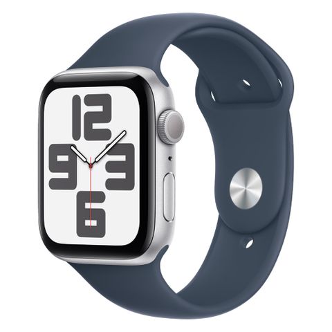 Apple 蘋果 Watch SE (GPS) 44mm 銀色鋁金屬錶殼風暴藍色運動型錶帶 S/M