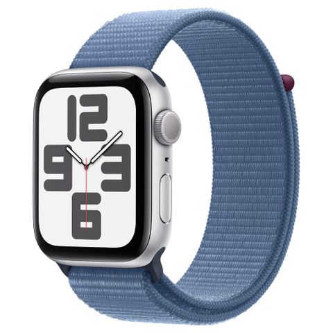 Apple 蘋果 Watch SE (GPS) 44mm 銀色鋁金屬錶殼冬藍色織紋布料運動型錶帶