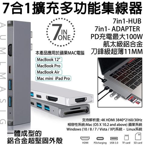 下單免運送達【AUMLMASIG】MAC 7in1-HUB PD HDMI多功能擴充集線器/USB-C/刀鋒級超薄11MM/一體化CNC鋁合金/ MacBook PRO/ MacBook Air/Mac mini/iPad Pro