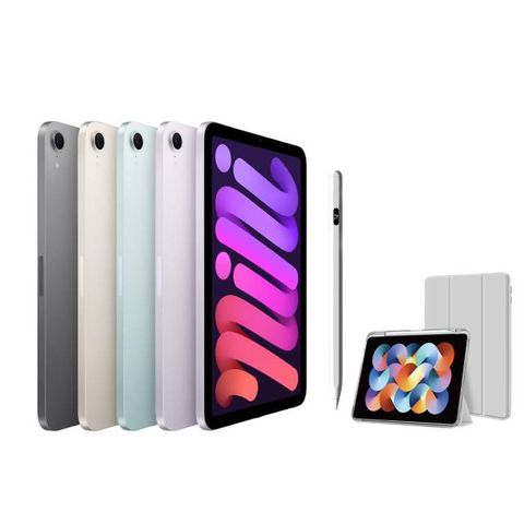 Apple 蘋果 第七代 iPad mini 8.3 吋 128G WiFi+磁力吸附觸控筆+高透光滿版保護貼+三折休眠防摔殼超值組