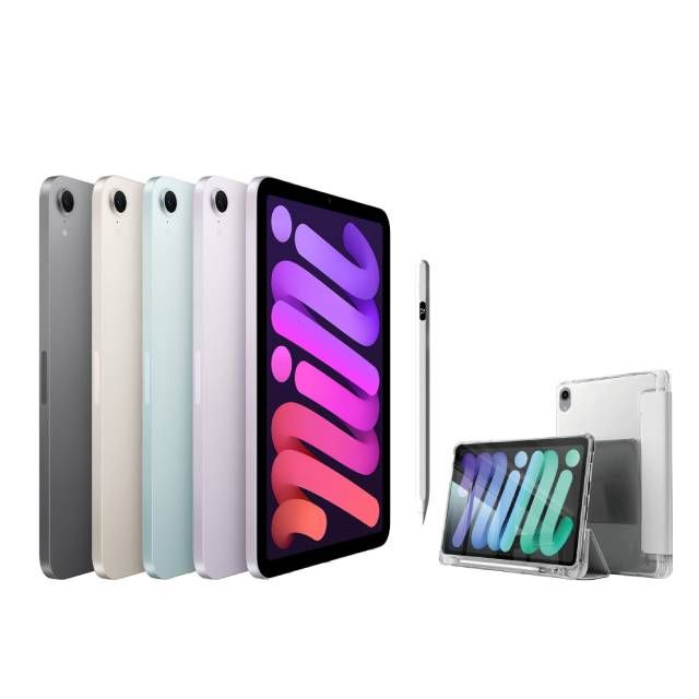 Apple 蘋果 第七代 iPad mini 8.3 吋 512G WiFi+磁力吸附觸控筆+高透光滿版保護貼+三折休眠防摔殼超值組