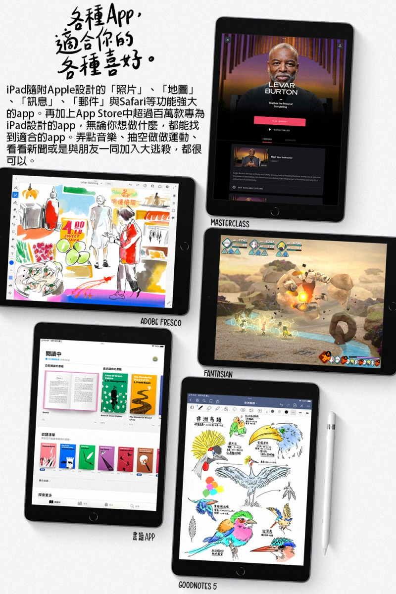 各種適合你的各種喜好。iPad隨附Apple設計的「照片「地圖」「訊息」、「郵件」與Safari等功能強大的app。再加上App Store中超過百萬款專為iPad設計的app,無論你想做什麼,都能找到適合的app。弄點音樂、抽空做做運動、看看新聞或是與朋友一同加入大逃殺,都很可以。LEVARBURTNO閱讀中ADOBE FRESCOAPPMASTERCLASSFANTASIAN非洲鳥類GOODNOTES 5