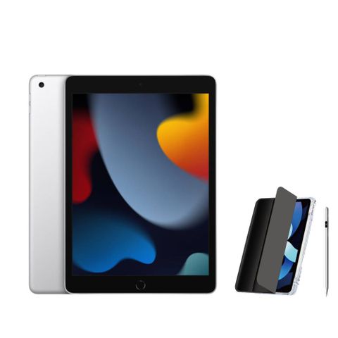 Apple 第九代 iPad 10.2 吋 64G WiFi 銀色+電量顯示磁力吸附觸控筆+三折休眠防摔殼+高透光滿版保護貼