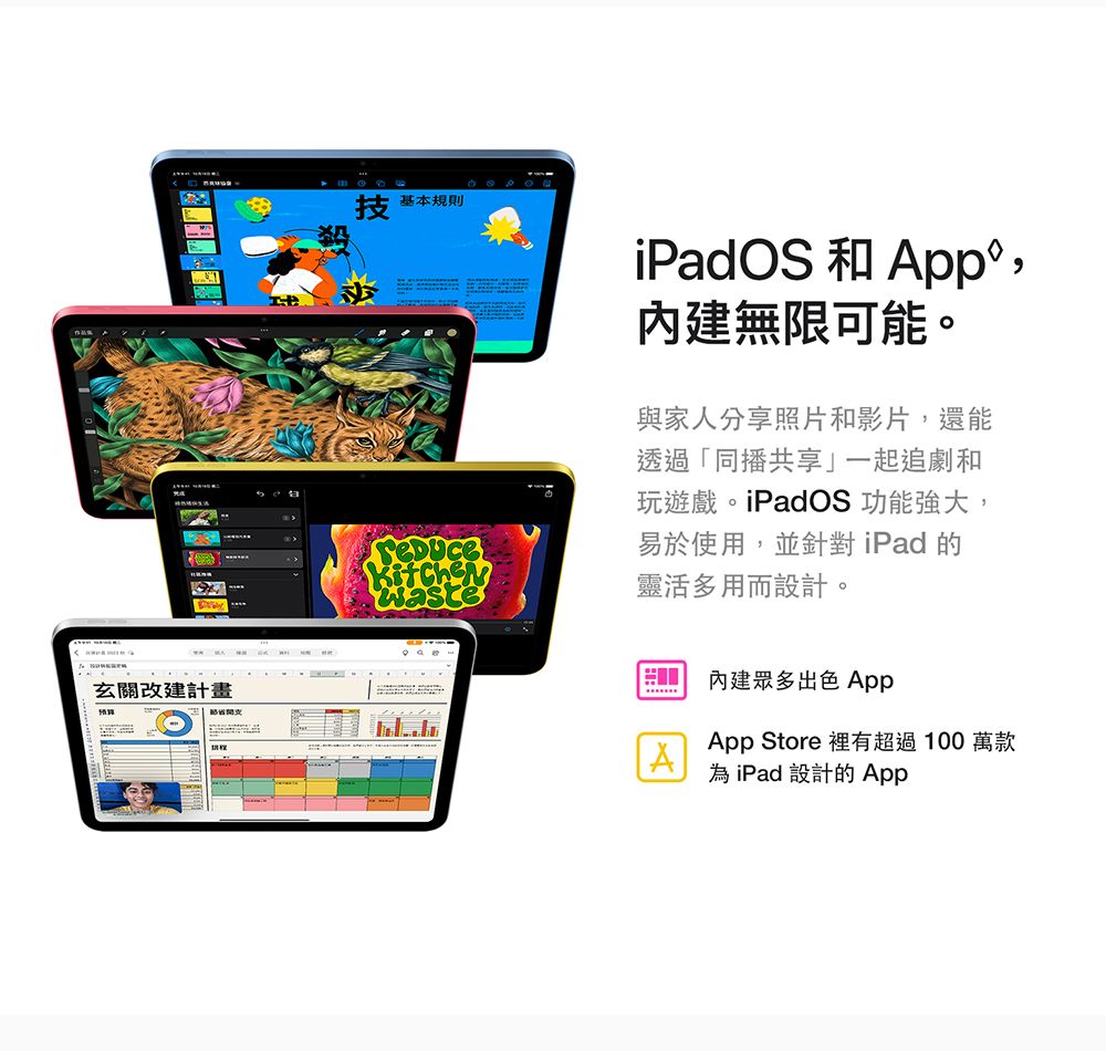 技基本規則玄關改建計畫iPadOS 和 內建無限可能。與家人分享照片和影片,還能透過「同播共享」一起追劇和玩遊戲。iPadOS 功能強大,易於使用,並針對iPad 的靈活多用而設計。內建眾多出色 AppApp Store 裡有超過100萬款為iPad 設計的App