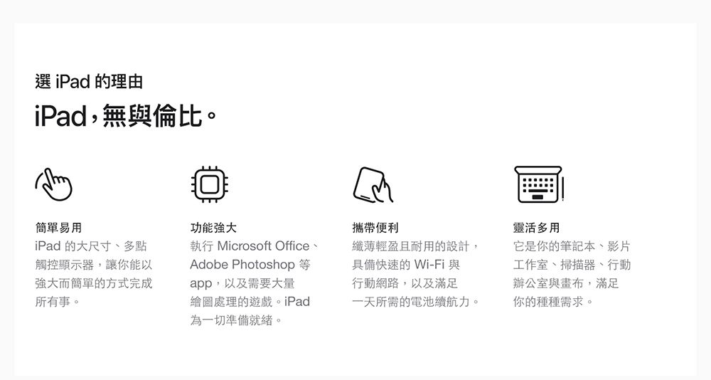 選 iPad 的理由iPad,無與倫比。簡單易用iPad 的大尺寸、多點觸控顯示器,讓你能以強大而簡單的方式完成所有事。功能強大執行 Microsoft Office、Adobe Photoshopapp,以及需要大量處理的遊戲。iPad為一切準備就緒。攜帶便利纖薄輕盈且耐用的設計,具備快速的Wi-Fi 與行動網路,以及滿足一天所需的電池續航力。靈活多用它是你的筆記本、影片工作室、掃描器、行動辦公室與,滿足你的種種需求。