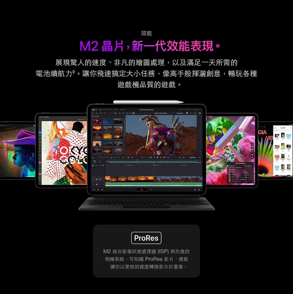 效能M2 晶片,新一代效能表現。展現驚人的速度、非凡的繪圖處理,以及滿足一天所需的電池續航力。讓你飛速搞定大小任務,像高手般揮灑創意,暢玩各種遊戲機品質的遊戲。ProResM2 結合影像訊號處理器(ISP)與先進的相機系統,可拍攝 ProRes 影片,還能讓你以更快的速度轉換影片計畫案。GIA