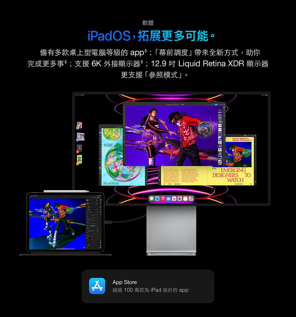 軟體iPadS,拓展更多可能。備有多款桌上型電腦等級的 app;「幕前調度」帶來全新方式,助你完成更多事°;支援 6K 外接顯示器;12.9 Liquid Retina XDR 顯示器更支援「參照模式」。  O MAKEEMERGINGDESIGNERSWATCHTO AApp Store超過100萬款為 iPad 設計的app