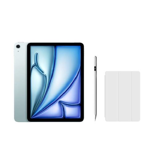 Apple 蘋果 2024 iPad Air 13吋 512G WiFi 藍 (MV2K3TA/A)+磁力吸附觸控筆+三折休眠防摔殼+高透光滿版保護貼