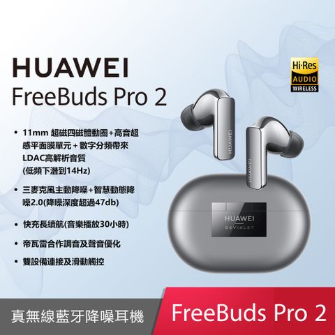 ◤送原廠耳機保護套+Huawei 折疊後背包◢FreeBuds Pro 2 真無線藍牙降噪耳機 (冰霜銀)