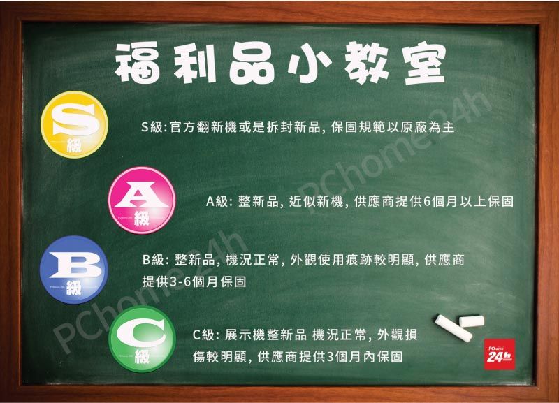 福利品小教室 規範原廠AA級: 整新品, 近似新機,供應商提供6個月以上保固級BB級:整新品,機況正常,外觀使用痕跡較明顯, 供應商提供3-6個月保固一級一級C級:展示機整新品機況正常,外觀損傷較明顯,供應商提供3個月內保固24h