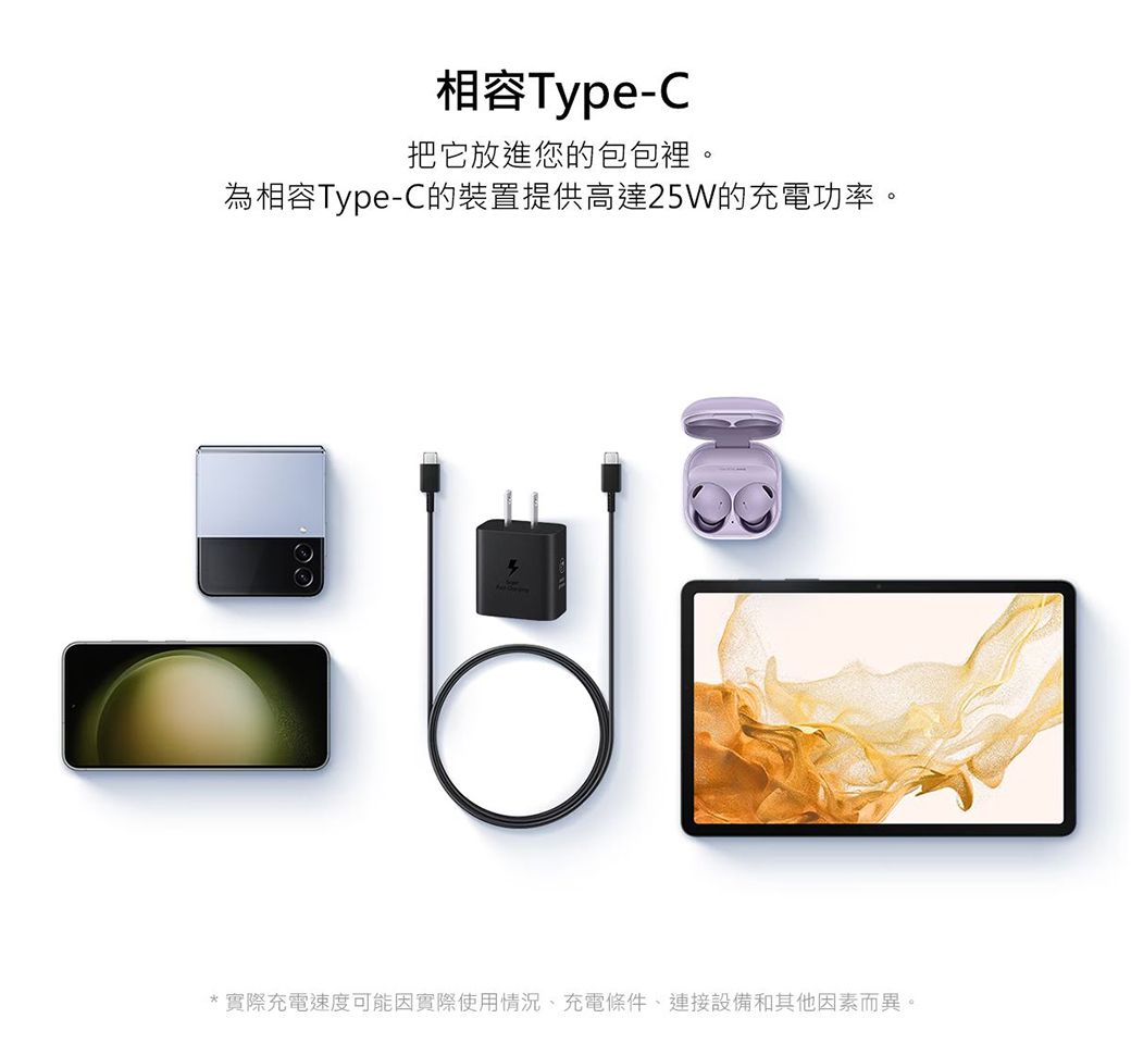 相容Type-C把它放進您的包包裡。為相容Type-C的裝置提供高達25W的充電功率。*實際充電速度可能因實際使用情況、充電條件、連接設備和其他因素而異。