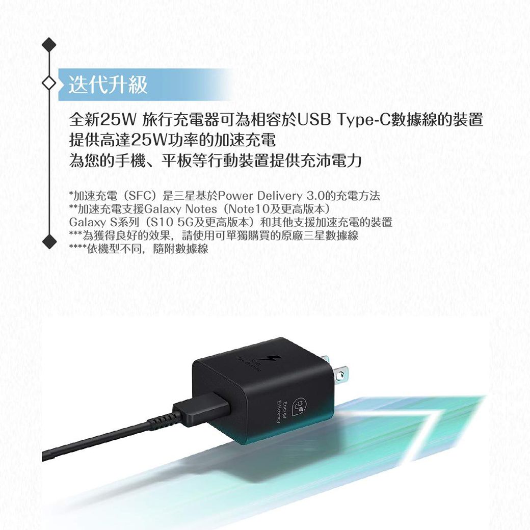 升級全新25W 旅行充電器可為相容於USB Type-C數據線的裝置提供高達25W功率的加速充電為您的手機、平板等行動裝置提供充沛電力*加速充電(SFC)是三星基於Power Delivery 3.0的充電方法** 加速充電支援Galaxy Notes (Note10及更高版本)Galaxy S系列(S105G及更高版本)和其他支援加速充電的裝置*** 為獲得良好的效果,請使用可單獨購買的原廠三星數據線****依機型不同,隨附數據線