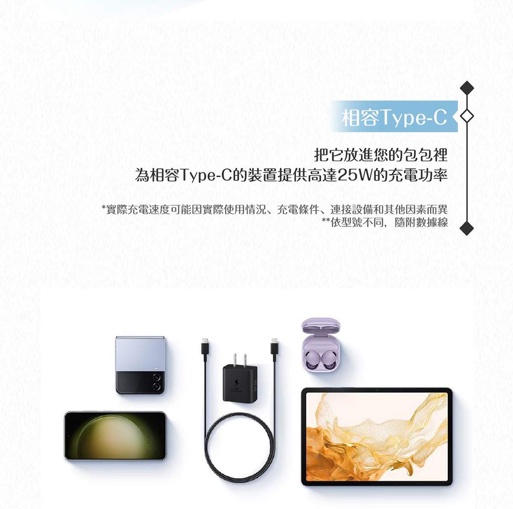 相容Type-C把它放進您的包包裡為相容Type-C的裝置提供高達25W的充電功率*實際充電速度可能因實際使用情況、充電條件、連接設備和其他因素而異**依型號不同,隨附數據線