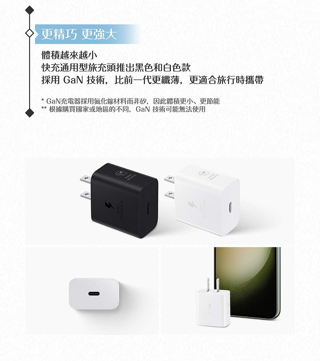 Charging更精巧 更體積越來越小快充通用型旅充頭推出黑色和白色款採用 GaN 技術,比前一代更纖薄,更適合旅行時攜帶* GaN充電器採用氮化鎵材料而非矽,因此體積更小、更節能根據購買國家或地區的不同,GaN 技術可能無法使用
