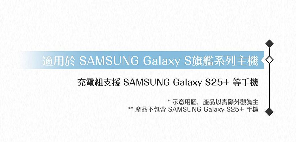 適用於 SAMSUNG Galaxy S旗艦系列主機充電組支援 SAMSUNG Galaxy S25+ 等手機示意圖,產品以實際外觀為主產品不包含 SAMSUNG Galaxy S25+ 手機