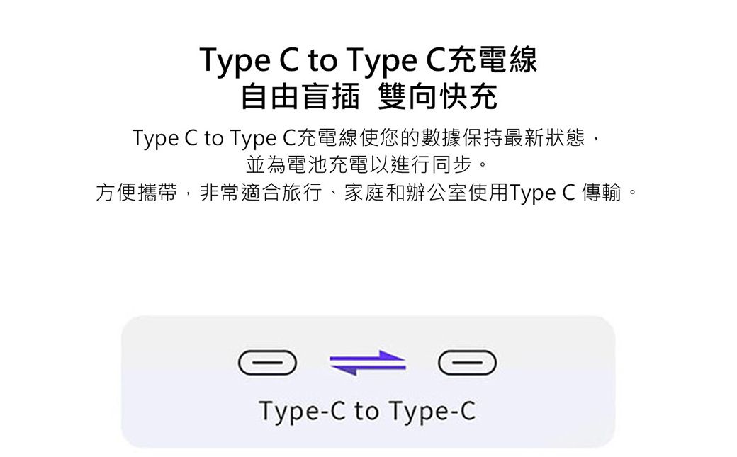 Type C to Type C充電線自由盲插 雙向快充Type C to Type C充電線使您的數據保持最新狀態,並為電池充電進行同步。方便攜帶,非常適合旅行、家庭和辦公室使用Type C 傳輸。Type-C to Type-C