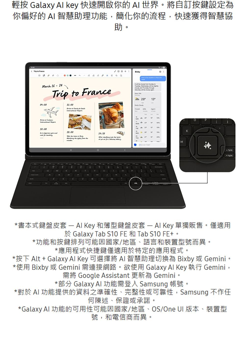 輕按 Galaxy  key 快速開啟你的世界。將自訂按鍵設定為你偏好的  智慧助理功能,簡化你的流程,快速獲得智慧協助。  March 09:00Trip to France 28 13° 10:0018:00M*書本式鍵盤皮套  和薄型鍵盤皮套- Key 單獨販售。僅適用 Galaxy Tab S10 FE 和 Tab S10 FE+。*功能和按鍵排列可能因國家/地區、語言和裝置型號而異。*應用程式快捷鍵僅適用於特定的應用程式。*按下 Alt + Galaxy  Key 可選擇將AI智慧助理切換為Bixby或Gemini。*使用 Bixby 或 Gemini 需連接網路。欲使用 Galaxy Al Key 執行 Gemini,需將 Google Assistant 更新為 Gemini。*部分 Galaxy AI 功能需登入 Samsung 帳號。*對於 AI 功能提供的資料之準確性、完整性或可靠性,Samsung 不作任何陳述、保證或承諾。*Galaxy AI 功能的可用性可能因國家/地區、OS/One UI 版本、裝置型號,和電信商而異。