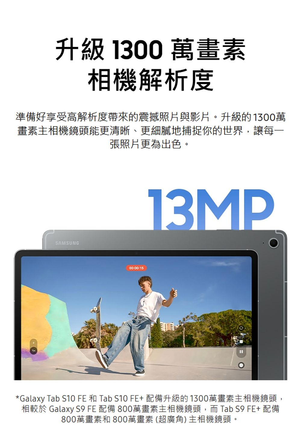 升級 1300 萬畫素相機解析度準備好享受高解析度帶來的震撼照片與影片。升級的1300萬畫素主相機鏡頭能更清晰、更細膩地捕捉你的世界,讓每一張照片更為出色。SAMSUNG00:00:1513MP*Galaxy Tab S10 FE 和 Tab S10 FE+配備升級的1300萬畫素主相機鏡頭,相較於 Galaxy  FE 配備800萬畫素主相機鏡頭,而 Tab S9 FE+ 配備800萬畫素和 800萬畫素(超廣角)主相機鏡頭。