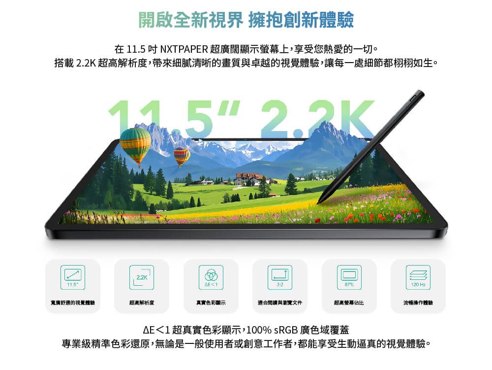 開啟全新視界 擁抱創新體驗在 NXTPAPER 超廣闊顯示螢幕上,享受您熱愛的一切。搭載2.2K 超高解析度,帶來細膩清晰的畫質與卓越的視覺體驗,讓每一處細節都栩栩如生。 2.2K22K11.5187120 寬廣舒適的視覺體驗超高解析度真實色彩顯示適合閱讀與瀏覽文件超高螢幕佔比流暢操作體驗E1超真實色彩顯示,100% sRGB 廣色域覆蓋專業級精準色彩還原,無論是一般使用者或創意工作者,都能享受生動逼真的視覺體驗。