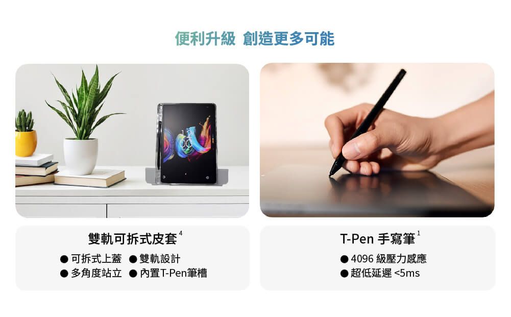 雙軌可拆式皮套可拆式上蓋 雙軌設計便利升級 創造更多可能多角度站立內置T-Pen筆槽1T-Pen 手寫筆 4096級壓力感應 超低延遲5ms